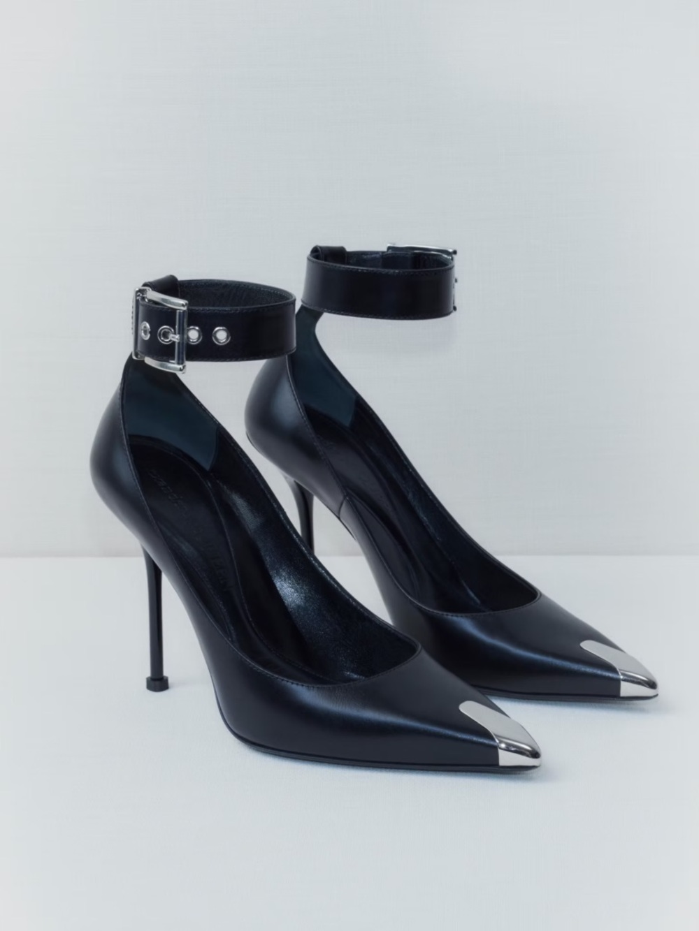 Alexander McQueen Black Leather Ankle-Strap Pointed Pumps with Silver Toe